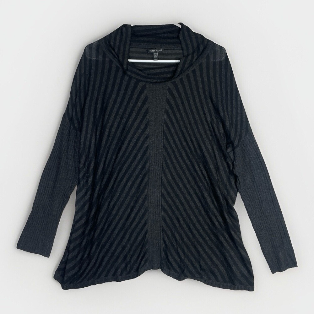 Eileen Fisher Boxy Asymmetrical Viscose Top Cowl Neck Black Gray Medium